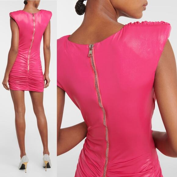 Balmain Fuchsia Ruched Mini Dress Metallic Shine V-Neck Pointed Shoulder - Picture 4 of 16